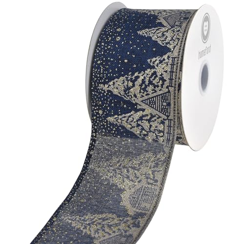 HOMEFORD Weihnachtsband mit glitzernden Bäumen, Cabin Szene, 6,4 cm, 9,1 m, Marineblau von Homeford