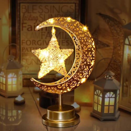 Homeleo Rustikal LED Mond Stern Lampe Lichterkette für Ramadan Deko, Batteriebetrieben Metall Rattan Ramadan Lichter für Home Schlafzimmer Boho Küche EID Mubarak Dekoration(Bronze) von Homeleo