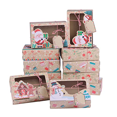 12 Stück Geschenkpapier Weihnachten deko,Bäckerei Keks-Boxen,Weihnachts Keksverpackung mit Sichtfenster Keksschachtel,Geschenkpackungen Kraftpapier für Xmas Party Supplies mit Seil und Karten von Homemari