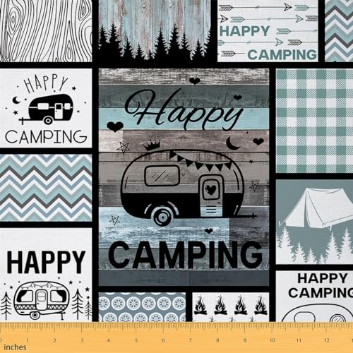 Homemissing Happy Camping Stoff Meterware für Stühle Camper Patchwork Stoffe für Kinder Jungen Mädchen Büffelscheck Stoff 92x150cm Geometrisch Plaid TealBlau Polsterstoff von Homemissing