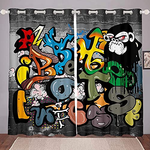 Homemissing Hip Hop Vorhänge für Schlafzimmer Wohnzimmer Bunte Graffiti Gedruckt Fenstervorhang 245x140cm für Kinder Jungen Karikatur Alphabet Gedruckt Blickdichte Vorhänge Straße Hipster 2 Paneele von Homemissing