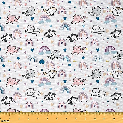 Katzenstoff von The Yard Haustier-Katzen-Muster, dekorativ, wasserdicht, Outdoor-Stoff, Regenbogen-Herz-Druck, Polsterstoff für Stühle, Kawaii, niedlicher Outdoor-Stoff, 92 x 150 cm (L x B) von Homemissing