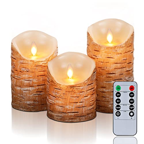 Homemory Birke Flammenlose Kerzen, Wachs Flackernde Flamme LED Säulenkerzen, Batteriebetriebene Kerzen mit Timer und Fernbedienung, 3er-Set von Homemory