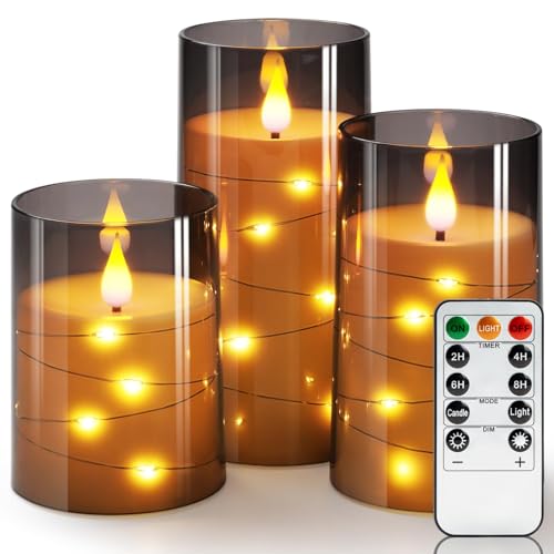 Homemory Flackernde Flammenlose Kerzen mit Lichterkette, Batteriebetriebene Kerzen, Eingebettete Lichterkette, LED-Kerzen, Unzerbrechliche Kerzen mit Fernbedienung, Grau, Dekorationen, 3er-Set von Homemory