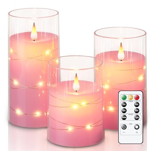 Homemory Flackernde Flammenlose Kerzen mit Lichterkette, Batteriebetriebene Kerzen, Eingebettete Lichterkette, LED-Kerzen, Unzerbrechliche Kerzen mit Fernbedienung, Rosa, Dekorationen, 3er-Set von Homemory