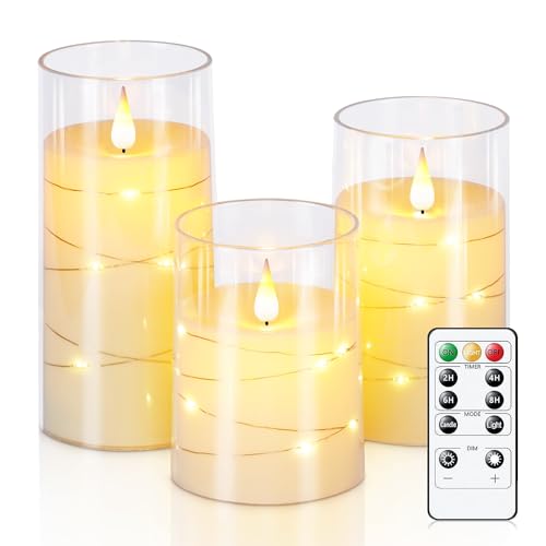 Homemory Flackernde Flammenlose Kerzen mit Lichterkette, Batteriebetriebene Kerzen mit Fernbedienung und Timer, Eingebettete Lichterkette, Unzerbrechliche LED-Kerzen, Elfenbeinweiß, 3er-Set von Homemory