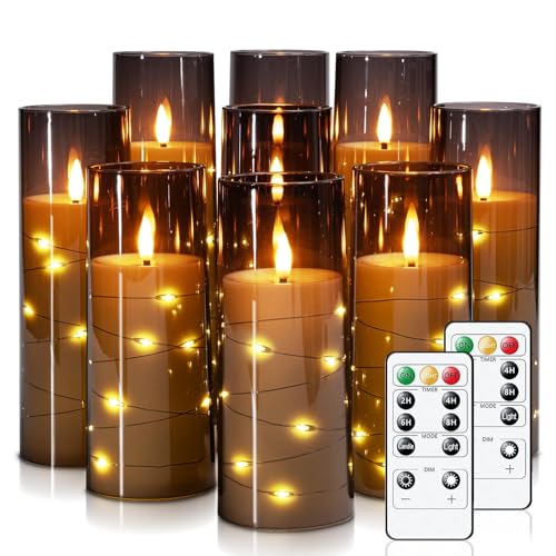 Homemory Flackernden Flammenlose Kerzen mit Lichterkette, Batteriebetriebene Kerzen mit Fernbedienung und Timer, Eingebettete Lichterkette LED-Kerzen, Acryl, Heimdekoration, Grau, 9er-Set von Homemory