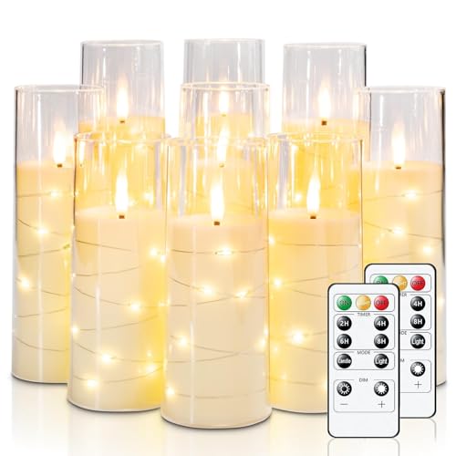 Homemory Flackernden Flammenlose Kerzen mit Lichterkette, Batteriebetriebene Kerzen mit Fernbedienung und Timer, Eingebettete Lichterkette LED-Kerzen, Acryl, Heimdekoration, Weiß, 9er-Set von Homemory