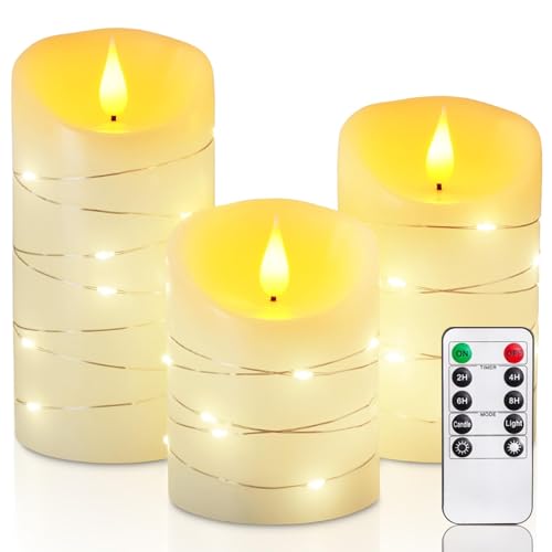 Homemory Flammenlose EchtesWachsKerzen mit Lichterkette, Eingebettete Lichterkette LED-Kerzen, Elektrische Flackerkerzen mit Fernbedienung und Timer, Elfenbeinweiß, 3er-Set von Homemory