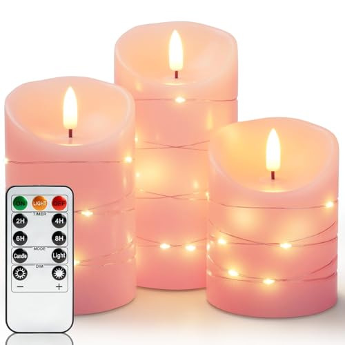 Homemory Flammenlose EchtesWachsKerzen mit Lichterkette, Eingebettete Lichterkette LED-Kerzen, Elektrische Flackerkerzen mit Fernbedienung und Timer, Rosa, 3er-Set von Homemory