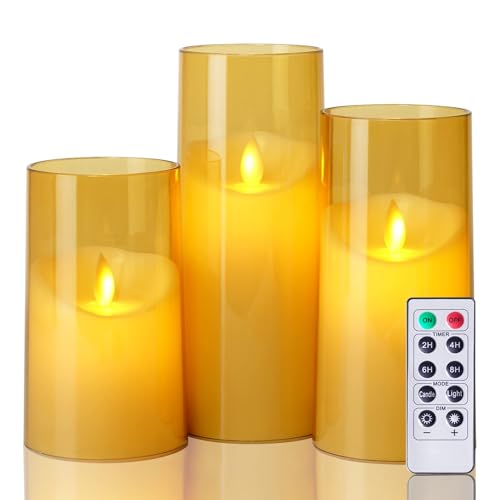 Homemory Flammenlose Kerzen, Batteriebetriebene Kerzen, LED-Kerzen Flackern mit Fernbedienung und Timer, Bewegliche Flamme, Acryl, Gold, 3er-Set von Homemory