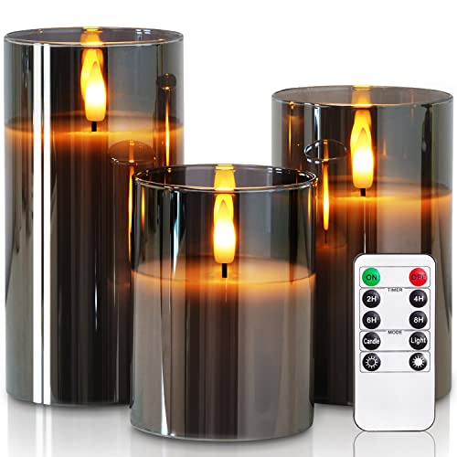 Homemory Grau Glas Flammenlose Kerzen, Batteriebetriebene LED Stumpenkerzen mit Fernbedienung und Timer, Elektrische Kerzen, Echtes Wachs, 3er-Set von Homemory