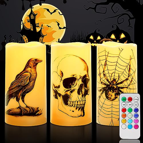 Homemory Halloween Flammenlose Kerzen Farbwechsel mit Fernbedienung Timer, Batteriebetriebene Wasserdicht Outdoor LED-Kerzen, Gruselige Kerzen für Halloween-Deko, Rabe, Schädel, Spinne, 3er-Set von Homemory