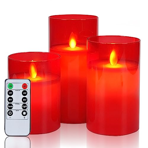 Homemory Rotes Glas Flackernde Flammenlose Kerzen, Batteriebetriebene LED-Stumpenkerzen mit Fernbedienung und Timer, Bewegliche Flamme, Wachs, 3er-Set von Homemory