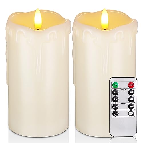 Homemory Tropfende Wachskerzen ohne Flamme, Batteriebetriebene Kerzen mit Fernbedienung und Timer, LED-Stumpenkerzen, elektrische Scheinkerzen, 7,6cm x 15,2cm, 2er-Set von Homemory