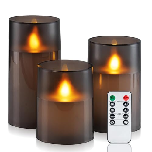 Homemory Wasserdicht Outdoor Flackernde Flammenlose Kerzen mit Realistischer Tanzender Flamme, LED-Kerzen, Batteriebetriebene Kerzen mit Fernbedienung und Zeitschaltuhr, Graues Acryl, 3er-Set von Homemory