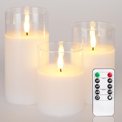 Homemory Weiß Glas Flammenlose Kerzen, Batteriebetriebene LED Stumpenkerzen mit Fernbedienung und Timer, Elektrische Kerzen, Echtes Wachs, 3er-Set von Homemory