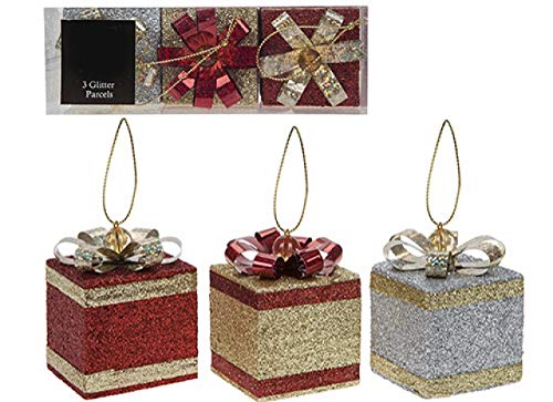 Homestreet Christmas Glitzer-Geschenkbox Baumschmuck rot gold und silber glitzernde Geschenkbox hängende Baumschmuck 3 Stück kleine Geschenke mit Schleife und Schmucksteinen von Homestreet Christmas