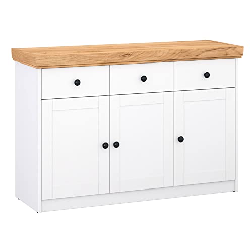 Homestyle4u 2227 Kommode Sideboard Eiche Matt Weiß Holz Massiv Schrank Mit Schubladen Highboard Anrichte von Homestyle4u