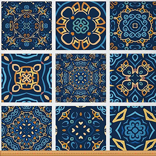 Boho Stoff Meterware Mandala Blumen Polsterstoff Marokkanischer Karo Dekostoff Bohemian Fliesen Drinnen Draußen Stoff Europäischer DIY Kunst Wasserdichter Stoff Blau Gelb 184 x 150 (HxB) von Homewish