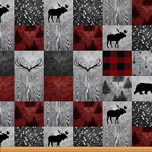 Büffel Plaid Karo Polsterstoff Hirsch Stoff Meterware Bär Elch Geweih Wildtier Dekorationsstoff Kabine Holz Pfeil Fußabdruck Stoff Weihnachtsstreifen Patchwork Kunst 92 x 150 (HxB), Rotgrau von Homewish