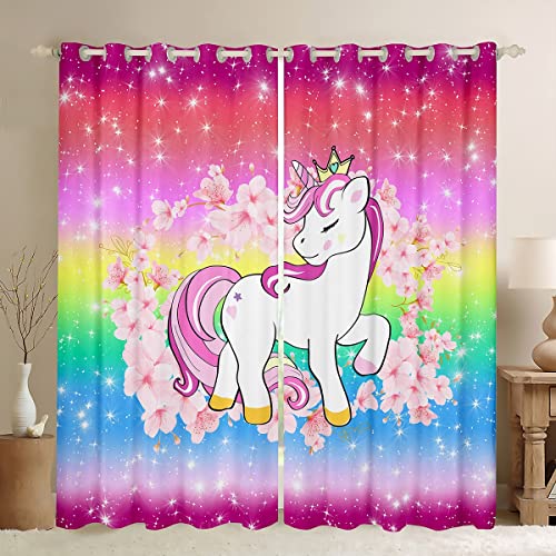 Cartoon Einhorn Vorhänge für Kinder verträumte Pferdevorhänge niedliches Tier Verdunkelungsvorhänge Kirschblüten glitzernder Regenbogen magischer raum Stern Ombré Vorhang bunt 46" x 54", 2 Paneele von Homewish