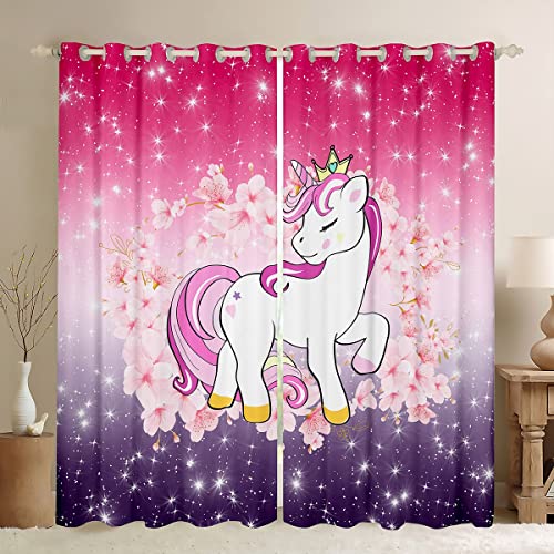 Einhorn Vorhänge Glitzer Verdunkelungsvorhänge Kirschblüten Vorhänge Gardinen Kinder Karikatur Kawaii Tier Vorhang Ombre Galaxie Sterne Fantasie Mädchen ästhetisch Rosa Lila 55" x 69",2 Paneele von Homewish