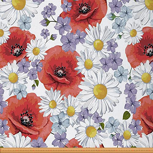 Gänseblümchen Stoff Meterware Mohnblumen Polsterstoff für Stühle Lila Blumenstoff Schicker Botanischer Garten Dekostoff für Drinnen und Draußen Diy Wasserdicht Rot Weiß 184 x 150 (HxB) von Homewish