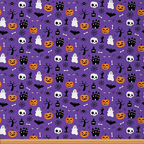 Halloween Stoff Meterware Geister Kürbis Polsterstoff Zuckerschädel Dekostoff Spinnennetz Schloss Drinnen Draußen Stoff Gothic Fledermausknochen DIY Kunst Wasserdichter Stoff Lila Schwarz 184x150(HxB) von Homewish