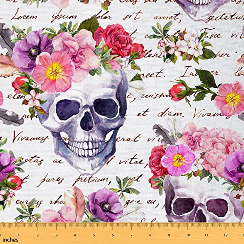 Halloween Stoff Meterware Rosenschädel Polsterstoff Zuckerschädel Dekorstoff Gothic Blumenknochen Drinnen Draußen Stoff Blätter Skelette DIY Kunst Wasserdichter Stoff Rosa Lila 92 x 150 (HxB) von Homewish