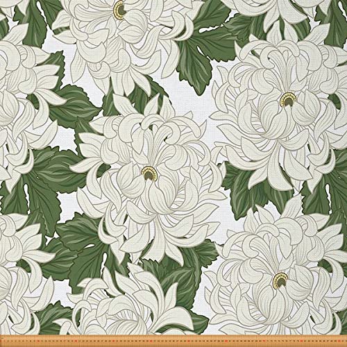 Japanischer Chrysanthemenstoff Meterware Romantischer Blumen Polsterstoff Blätter Dekostoff Retro Blütenblätter Drinnen Draußen Stoff Botanischer DIY Wasserdichter Stoff Grün Weiß 184 x 150 (HxB) von Homewish