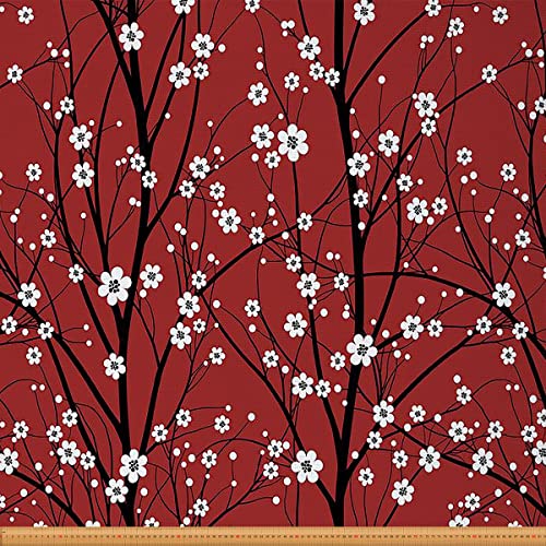 Kirschblüten Stoff Meterware Polsterstoff im japanischen Stil für Stühle schicker floraler dekor wasserdichter Outdoor Stoff Frühlings weißer Blumenzweig für den Innenbereich 184x150(HxB) Rot Schwarz von Homewish