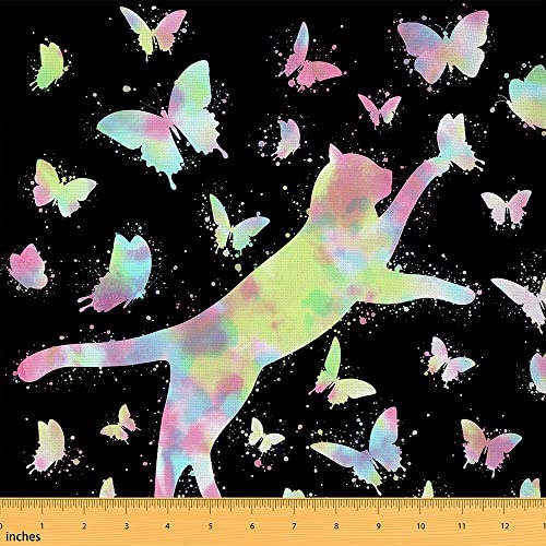 Kleine Katzen Stoff Meterware Dekorstoff Buntes Batikmaterial Meterware Farbiges Künstlerisches Kätzchen Schillernder Regenbogen Polsterstoff für Haustier Katzenliebhaber Schwarz 92 x 150 (HxB) von Homewish