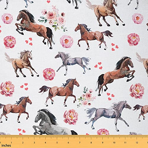 Polsterstoff für Pferde Bauernhof Western Cowboy Cowgirls Meterware Kinder Jungen Mädchen Rosa Blumen dekorativer Stoff mit niedlichem Liebhaber-Herz-Dekor Kawaii-Pferd Steppstoff 184 x 150 (HxB) von Homewish