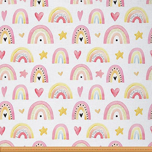 Regenbogen Stoff für Kinder Meterware Bunter Regenbogen Möbelstoff Süßes Karikatur Liebesmuster Sterne Dekorativer Stoff Zum Quilten Nähen Mädchen Geschenk DIY Basteln Patchwork Rosa 92 x 150 (HxB) von Homewish