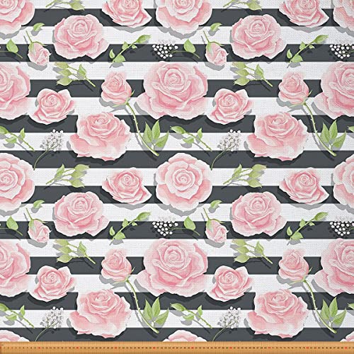 Rosa Rosen Stoff Meterware Romantischer Blumen Polsterstoff Geometrischer Schwarz Weiß Gestreifter Dekor Stoff Valentinstags Blätter Drinnen Draußen Stoff DIY Kunst Wasserdichter Stoff 276 x 150 (HxB) von Homewish