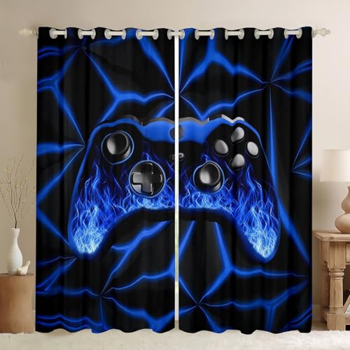 Spiel Vorhänge für Jungen,Blau Neon Geometrie Verdunkelungs Vorhänge 3D Geometrische Gaming Zimmer Vorhänge Gamer Action Buttons Fenster Vorhänge Game Dekor Vorhänge für Game Lovers,2 Panels 140Bx175L von Homewish