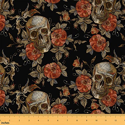 Totenkopf Stoff Meterware Halloween Blumen Polsterstoff Retro Skelett Blätter Dekorativer Stoff Gotik Wasserdichter Draussen Stoff DIY Kunst Polster und Wohnakzente Goldrot 184 x 150 (HxB) von Homewish