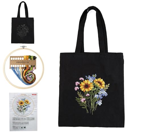 Canvas Tote Bag Stickset für Anfänger, Canvas Taschen Stickset Schwarze DIY Stickset mit Tasche Sticken Set Erwachsene, Stickrahmen, Farbfäden, Anleitungen und Werkzeug, 24,5 * 10 * 38,5cm von Homewit