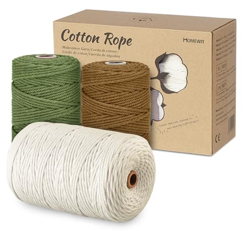 Makramee Garn 3mm x 400 m,Homewit 3 stück Makramee Set Anfänger, Natürliches Qetlavee für selbstgemachte Pflanzenaufhänger, Wandbehänge und Weihnachtsdekorationen（Beige, Grün, Braun） von Homewit