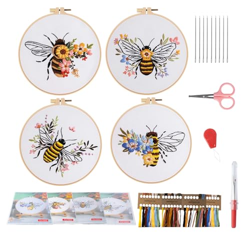 Homewit Stickset für Anfänger, 4 Stück Bienen-Stickerei-Set mit Blumenmuster Stickerei Kreuzstich Set DIY Handmade Embroidery Starter Kit mit Anleitung, Stickrahmen, Werkzeuge und Fäden, 30 * 30cm von Homewit