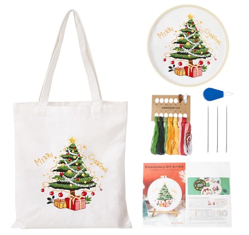 Homewit Weihnachtstag Canvas Tasche Stickerei Set, DIY Handgemachte Kreuzstich Segeltuchtasche Sticktasche, Stickset für Anfänger mit Muster, Embroidery Kit mit Stickrahmen, Farbfäden und Werkzeug von Homewit