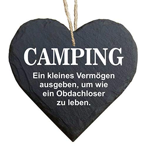 Herz Schieferherz Schiefer Schieferschild 10 x 10 cm Camping Ein kleines Vermögen ausgeben um wie ein Obdachloser zu leben schwarz Dekoschild Wandschild Schild Stein Wohnwagen Wohnmobil von Homeyourself