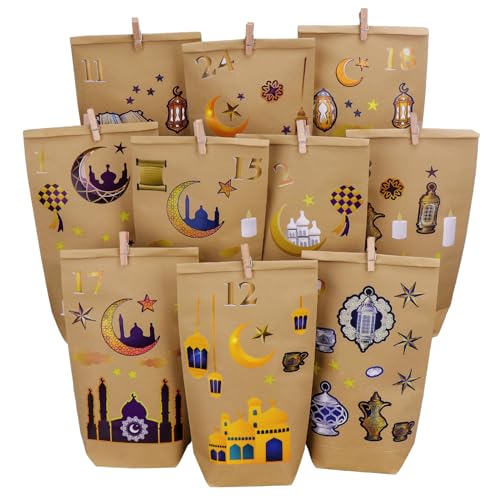 Homgaty DIY Ramadan Kalender zum befüllen, 30 Stück Ramadan Tüten mit Aufklebern für Kinder, Eid Mubarak Geschenktüten Papiertüten Wiederverwendbar mit Clips und Juteseil für Ramadan Deko von Homgaty