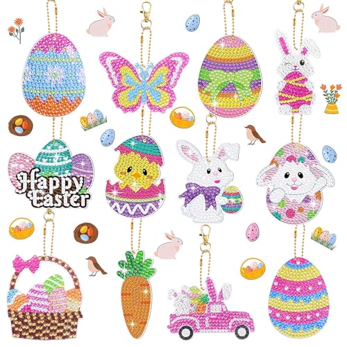 Homgaty Diamond Painting Anhänger Ostern, 12 Stück 5D Diamand Painting Schlüsselanhänger Kinder, Doppelseitige DIY Hase Ostereier Diamant Malerei Kit für Osterndeko und Geschenk von Homgaty