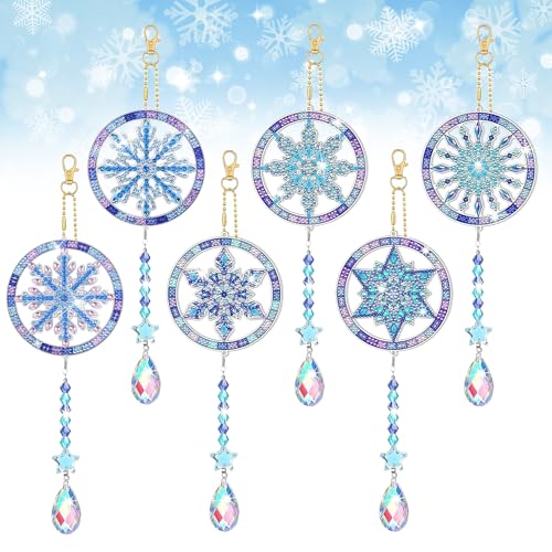 Homgaty Diamond Weihnachten Painting Anhänger, 6 Stück 5D Diamant Painting Schneeflocken Bastelset Kinder, Doppelseitige DIY Windspiel Sonnenfänger Kit für Weihnachtendeko und Geschenk von Homgaty