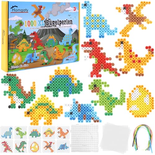 Homgaty Große 10mm Bügelperlen Dino Set, 1000 Stück XL Steckperlen mit Platten, 10 Muster und Bügelpapier, 10 Bunte Farben XL Bügelperlen, Kreatives Perlenset für Kinder ab 3 Jahren von Homgaty