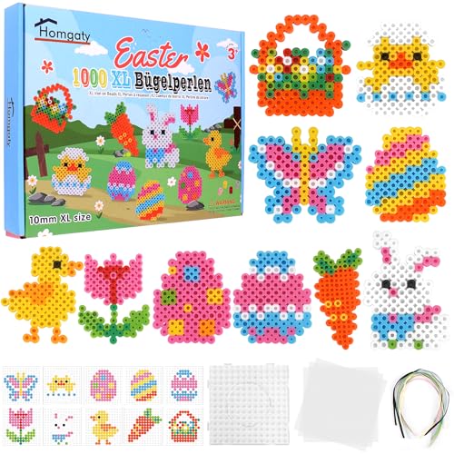 Homgaty Große 10mm Bügelperlen Ostern Set, 1000 Stück XL Steckperlen mit Platten, 10 Muster und Bügelpapier, 10 Bunte Farben XL Bügelperlen, Kreatives Perlenset für Kinder ab 3 Jahren von Homgaty