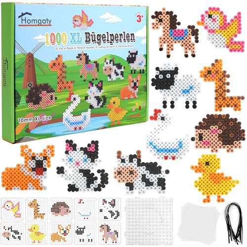 Homgaty Große 10mm Bügelperlen Set, 1000 Stück XL Steckperlen mit Platten, 10 Muster und Bügelpapier, 10 Bunte Farben XL Bügelperlen, Kreatives Perlenset für Kinder ab 3 Jahren von Homgaty