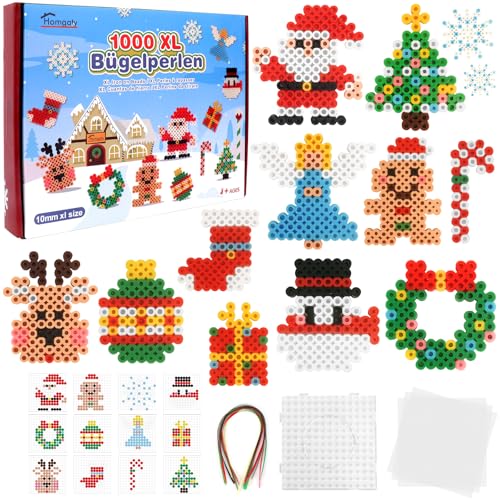 Homgaty Große 10mm Bügelperlen Weihnachten Set, 1000 Stück XL Steckperlen mit Platten, 12 Muster und Bügelpapier, 9 Bunte Farben XL Bügelperlen, Kreatives Perlenset für Kinder ab 3 Jahren von Homgaty